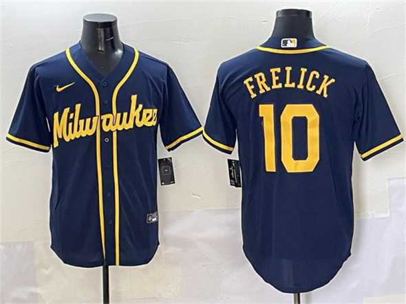 Men%27s Milwaukee Brewers #10 Sal Frelick Navy Cool Base Stitched Jersey